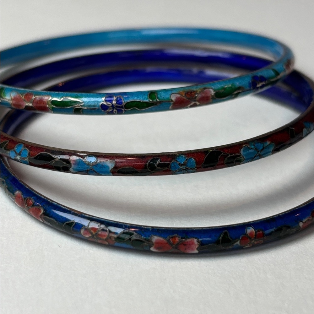 Three Cloisonné Bangle Bracelets - Teal, Blue and Dark Red - Picture 2 of 6